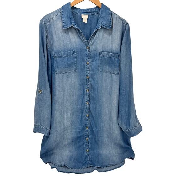 Chico's Chambray Dress Womens Petite XL XLp Blue Coastal Button Up Roll Tab - Picture 1 of 8
